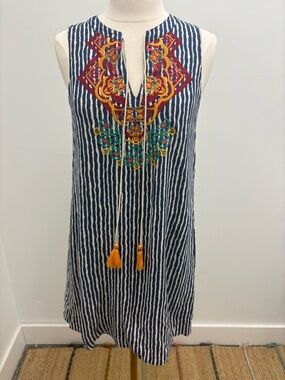 THML Navy & White Striped Mini Dress with Colorful Embroidered Yoke